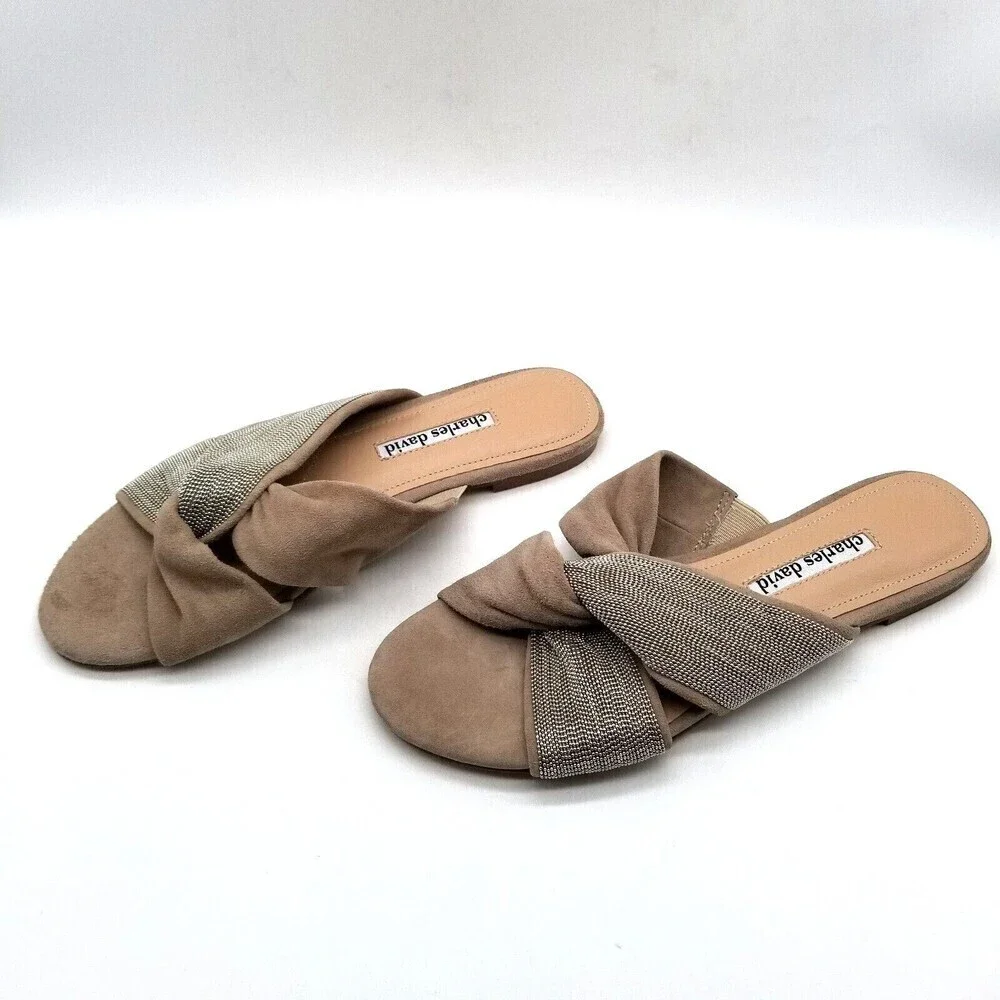 Charles David Women Kendall Slide Sandals‎ Knot Flats Gray Suede 6.5